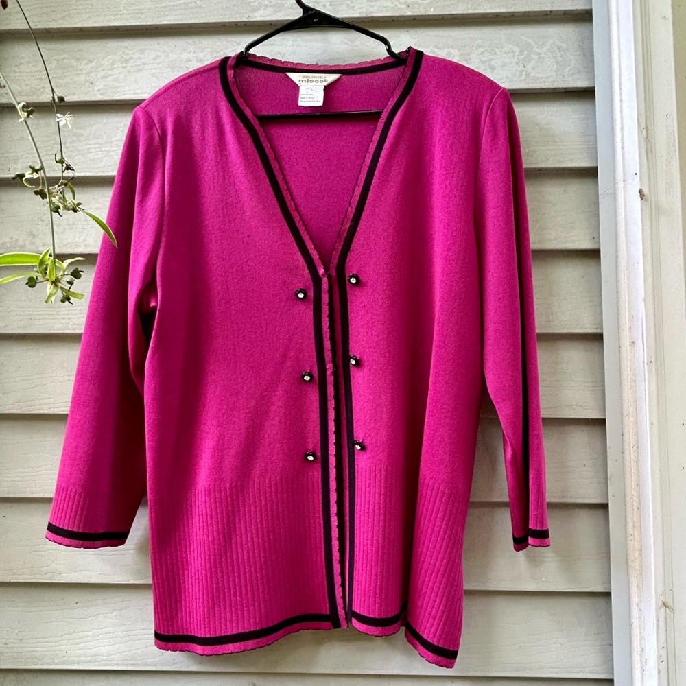 Pink Cardigan Sweater with Black Trim
